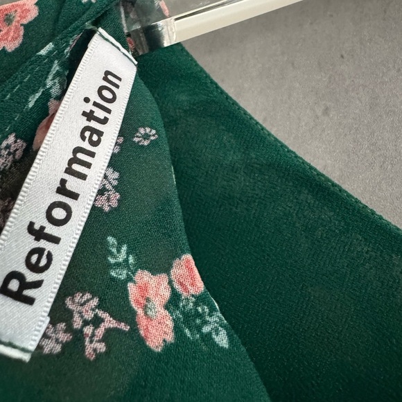 Reformation Juni Green Gathered Floral Print Crepe Mini Dress Size 10 B723 - Picture 6 of 8